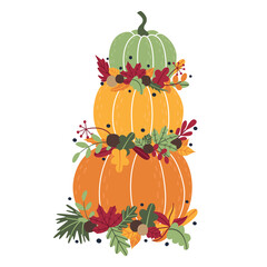 Traditional autumn tall composition of ripe pumpkins and fallen leaves, twigs. Beautiful decoration for house for Halloween and Thanksgiving. Flat doodle illustration for design of posters, invitation
