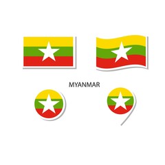 Fototapeta premium Myanmar flag logo icon set, rectangle flat icons, circular shape, marker with flags.
