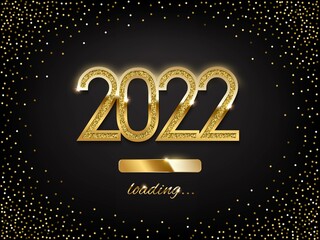 New Year golden loading bar vector illustration. 2022 Year progress with lettering. Party countdown, download screen. Invitation card, banner. Event, holiday expectation. Sparkling glitter background.