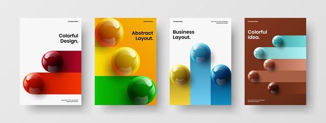 Multicolored 3D spheres handbill concept composition. Abstract booklet A4 design vector template set.