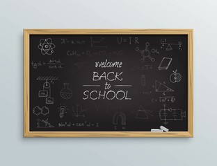 School blackboard with welcome back to school message. Board with text with wooden frame and chalk lying vector illustration. Education and ideas in classroom on white background