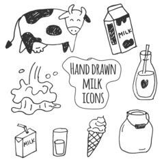 Hand drawn food and drink milk icons and illustration of a cow.