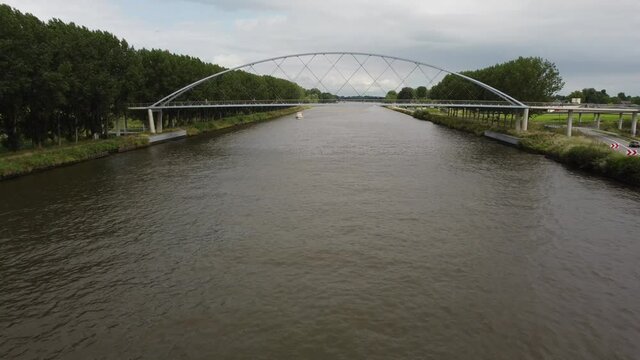 Pedestrian and cyclist bridge over the Amsterdams Rijn Canal,  waterway in Nigtevecht The Netherlands. Liniebrug