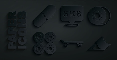 Set Skateboard, wheel, park, and Broken skateboard deck icon. Vector
