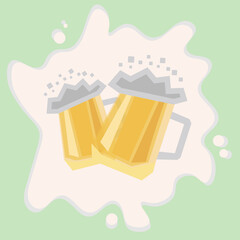 Two large glasses of beer. Nice friendly toast with alcohol. Two pints of lush beer. Cartoon vector illustration on a light green background for the holiday of beer, Oktovberfest.