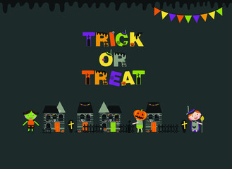 Halloween background with stylized holiday elements (pumpkin, cat, spider web, skull, candy) 