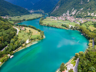 Fototapeta na wymiar Turquoise Water in Soca River near Tolmin in Slovenia Drone View