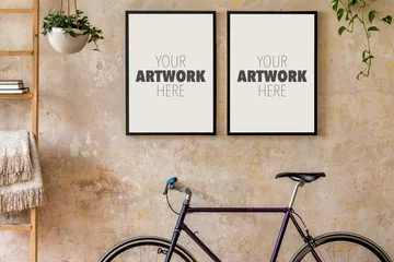 Peel and stick wall murals Bike Interior design of living room with two black poster mock up frames, bike and potted plants. Grunge wabi sabi wall. Stylish hipster home decor. Template.