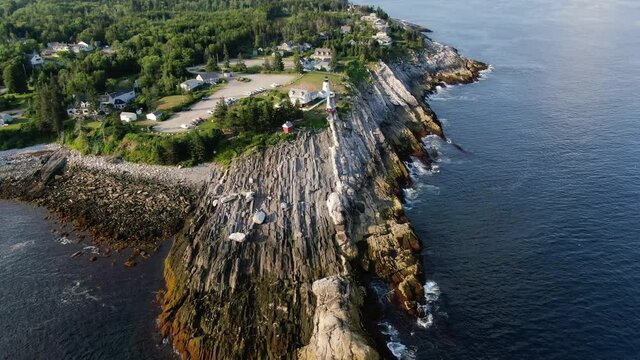 Aerial view of historic Pemaquid Point Lighthouse, Maine, USA.