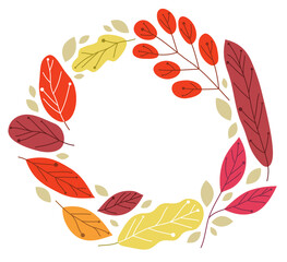 Yellow and red autumn leaves frame wreath beauty of nature vector flat illustration isolated on white background, fall foliage drawing composition.