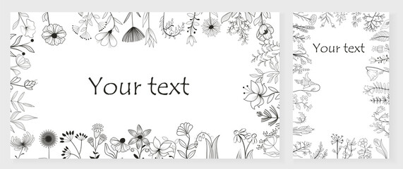 Flower frame invitation cards with grass twigs and branches wreaths. Floral background with a frame of summer leaves, flowers and deciduous plants. Horizontal banner with abstract plants. Flat vector 