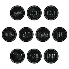 Fototapeta premium Stickers for food containers or jars. Vector templates. Hand-drawn food on a background. Isolated objects on white.
