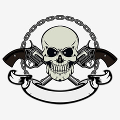 skull logo with two guns on the back