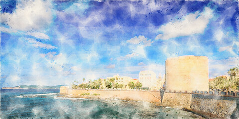 Old Town View of Alghero - watercolor painting