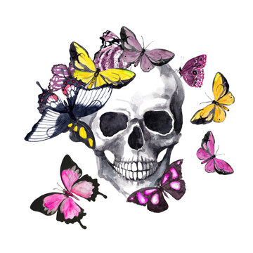 Human skull with butterflies. Watercolor for Halloween, gothic style tattoo