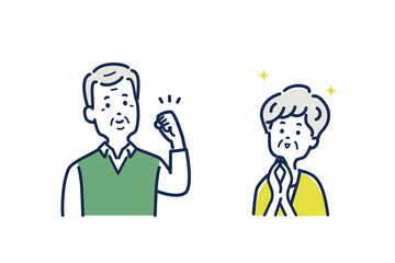 ガッツポーズをするシニア男性と拍手するシニア女性のイラスト素材