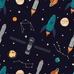  Vector flat space seamless pattern background. Cute template with spaceship, rocket, sun, planets, stars in outer space. Hand-drawn design for a nursery, wallpaper, stationery, clothing, textiles.