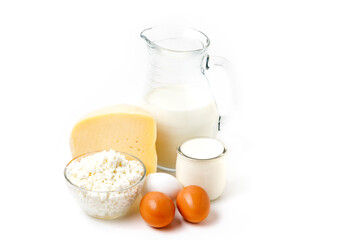 Organic Farm Food, Dairy Product And Eggs Isolated On White Background. 