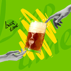 Contemporary art collage with two hands touching beer glass with lager, crafted cold beer. Concept of festival, national traditions, taste, drinks and holidays, octoberfest
