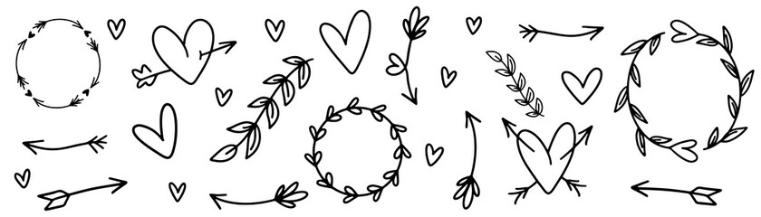 Doodle hearts collection. Hand drawn heart shape. Doodle frame in black. Sketch arrows vector.