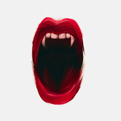 Oil painting with wide open mouth with red lips and fangs. Concept of sexy vampire woman and halloween character.