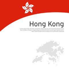 Hong Kong flag, mosaic map on white background. Wavy ribbon with the hong kong flag. Vector flat banner design, national poster. Cover for business booklet. State patriotic, flyer, brochure