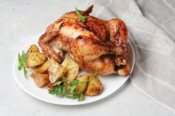 Roasted Chicken With Potato On White Plate Grey Table. Flat Lay.
