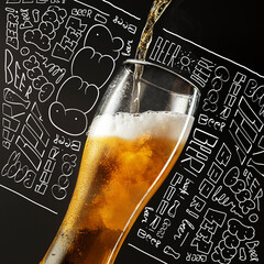Close-up big glass with light lager cold beer isolated on black and white lettering background....