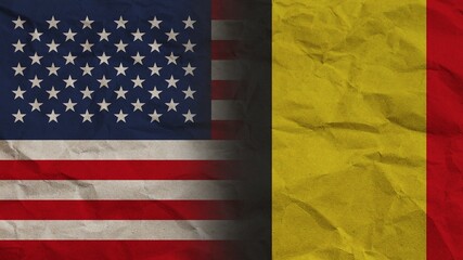 Belgium and United States America Flags Together, Crumpled Paper Effect Background 3D Illustration