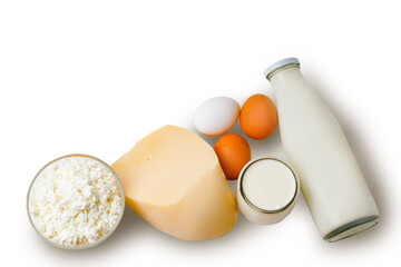 Organic Farm Food, Dairy Product And Eggs Isolated On White Background. Flat lay.