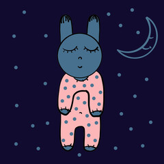 the little bunny goes to bed, the baby bunny goes to bed,the baby bunny sleeps, in a polka-dot jumpsuit,with the moon, which smiles and sleeps, and stars - in polka dots