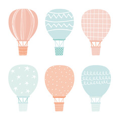 hot air balloon set. Cute baby transport. Montgolfier balloon in Scandinavian style. Universal design for stickers, T-shirt prints, postcard designs. Vector illustration, hand-drawn