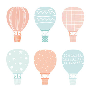hot air balloon set. Cute baby transport. Montgolfier balloon in Scandinavian style. Universal design for stickers, T-shirt prints, postcard designs. Vector illustration, hand-drawn © Mizurova