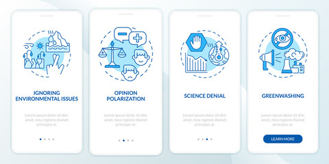 Fototapeta na wymiar Science denial onboarding mobile app page screen. Environmental issues walkthrough 4 steps graphic instructions with concepts. UI, UX, GUI vector template with linear color illustrations