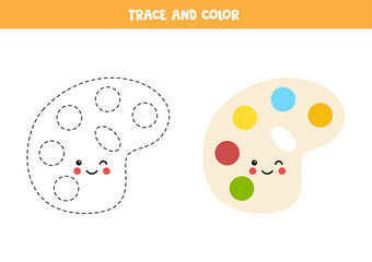 Trace and color cute kawaii palette. Worksheet for kids.