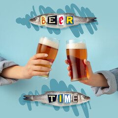 Contemporary art composition with two male hands holding beer glasses with lager, cold beer. Concept of festival, national traditions, taste, drinks and holidays
