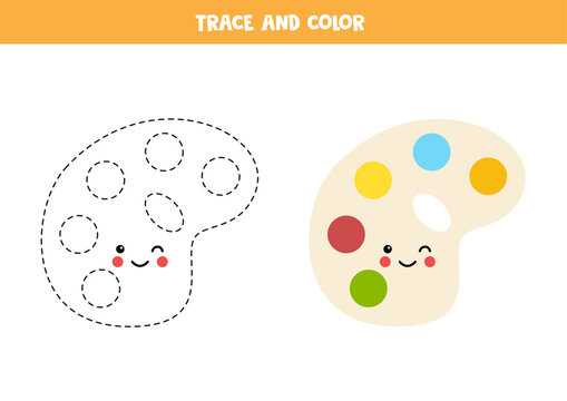 Trace and color cute kawaii palette. Worksheet for kids.