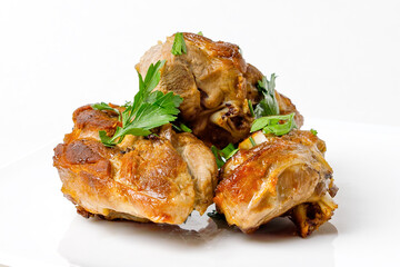 Grilled Lamb Meat Isolated On White Background. Side View.