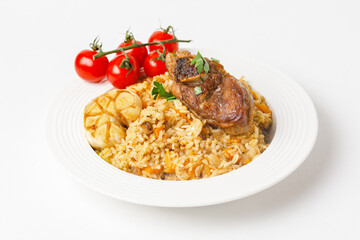 Traditional Pilaf With Lamb, Vegetables, Spices On White Background. 