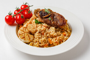 Traditional Pilaf With Lamb, Vegetables, Spices On White Background. 