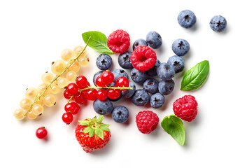composition of fresh berries and green leaves