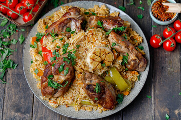 Traditional Pilaf With Lamb, Vegetables, Spices On Wooden Background. Flat Lay.