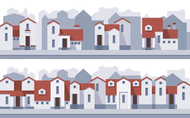 Vector two horizontal seamless patterns. Street with grey and red houses.