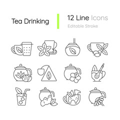 Tea drinking related linear icons set. Tea with different additives. Drink in teacup. Customizable thin line contour symbols. Isolated vector outline illustrations. Editable stroke