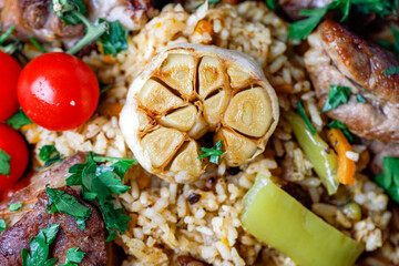 Traditional Pilaf With Lamb, Vegetables, Spices On Wooden Background. Flat Lay. Close Up.