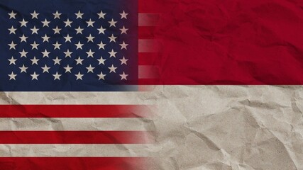 Indonesia and United States America Flags Together, Crumpled Paper Effect Background 3D Illustration
