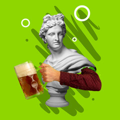 Contemporary art collage with bust of antic statue and hand holding beer glass with lager cold...