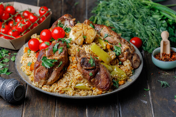 Traditional Pilaf With Lamb, Vegetables, Spices On Wooden Background. Side View.