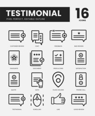 Set of Testimonial line icon with vector pixel perfect, Included review, like, favorite, pros & cons etc