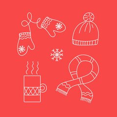 Winter season. Elements for design. Set of vector doodle icons on a winter theme. Warm clothes, a mug with a hot drink, snow. Isolated background.